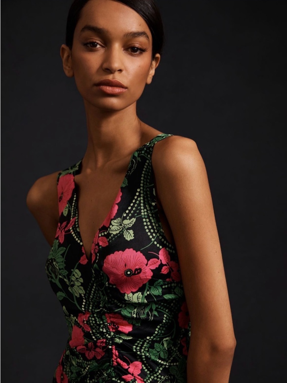 🌺Maeve Anthropologie Ruched Midi Dress Floral Pink Green Petite 2P